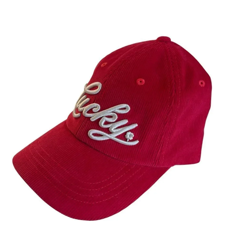 Embroidered Lucky Red Corduroy Cap.